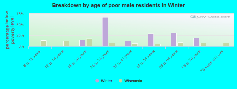 Breakdown by age of poor male residents in Winter