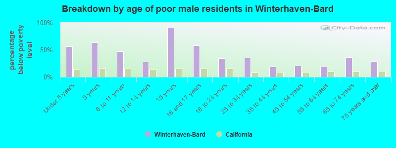 Breakdown by age of poor male residents in Winterhaven-Bard