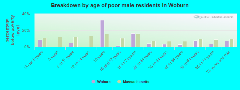 Breakdown by age of poor male residents in Woburn