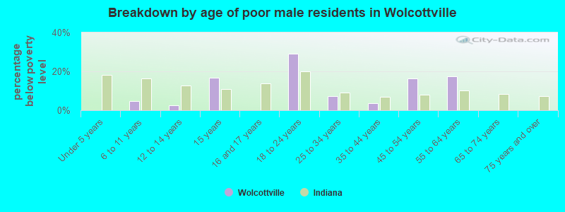 Breakdown by age of poor male residents in Wolcottville