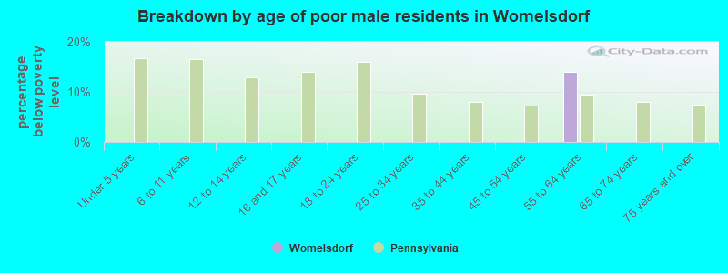Breakdown by age of poor male residents in Womelsdorf
