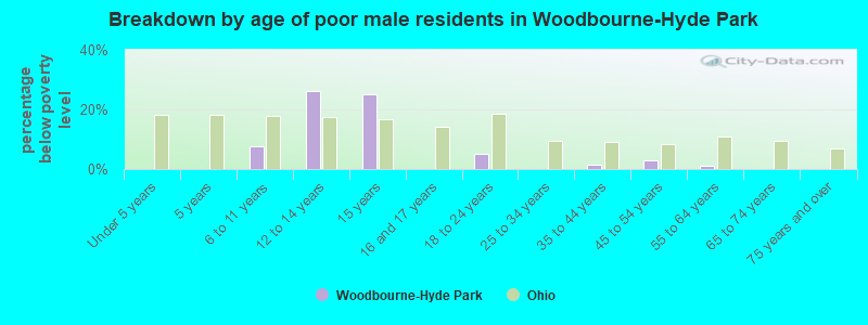 Breakdown by age of poor male residents in Woodbourne-Hyde Park