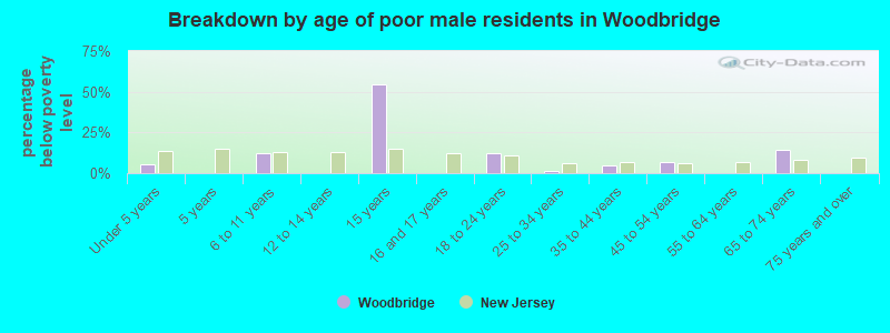 Breakdown by age of poor male residents in Woodbridge