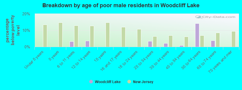 Breakdown by age of poor male residents in Woodcliff Lake