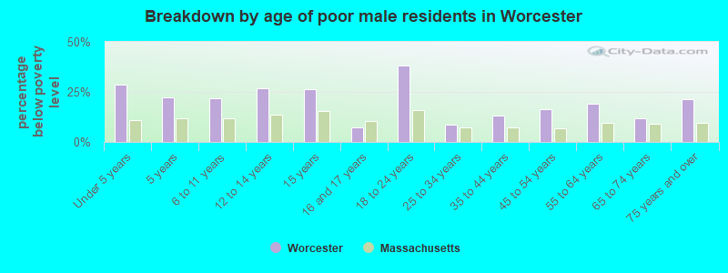 Breakdown by age of poor male residents in Worcester