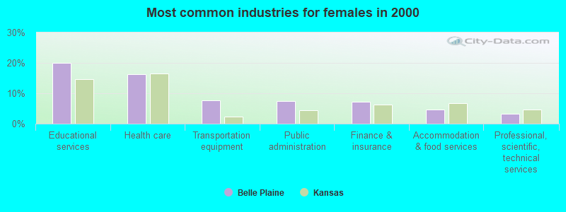 Most common industries for females in 2000