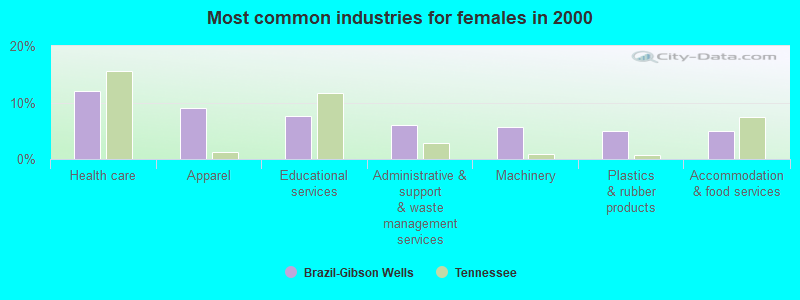 Most common industries for females in 2000