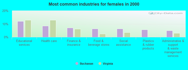 Most common industries for females in 2000