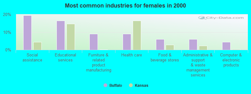 Most common industries for females in 2000