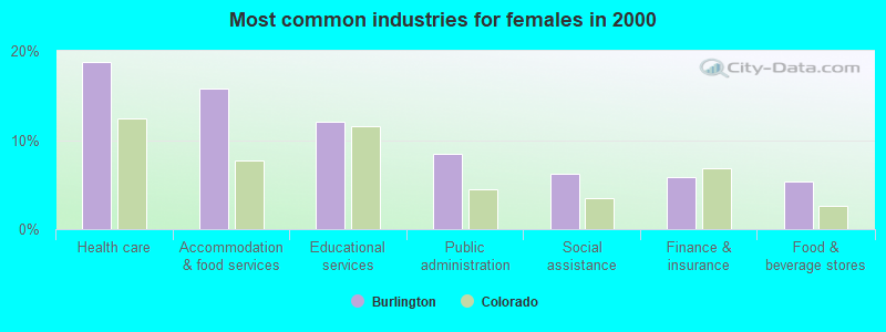 Most common industries for females in 2000