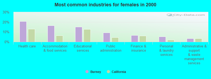 Most common industries for females in 2000