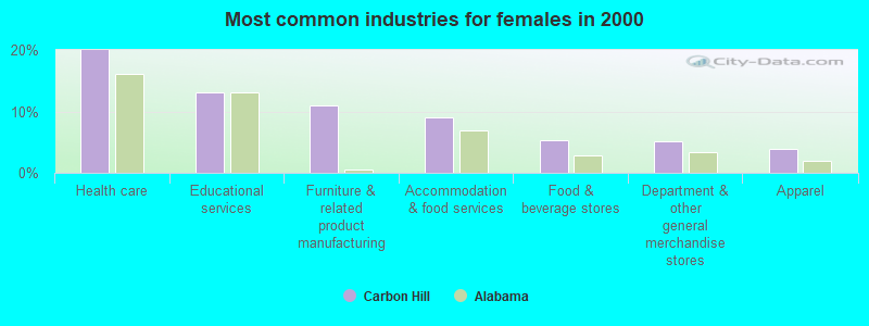 Most common industries for females in 2000