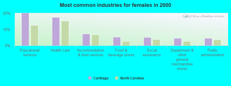 Most common industries for females in 2000