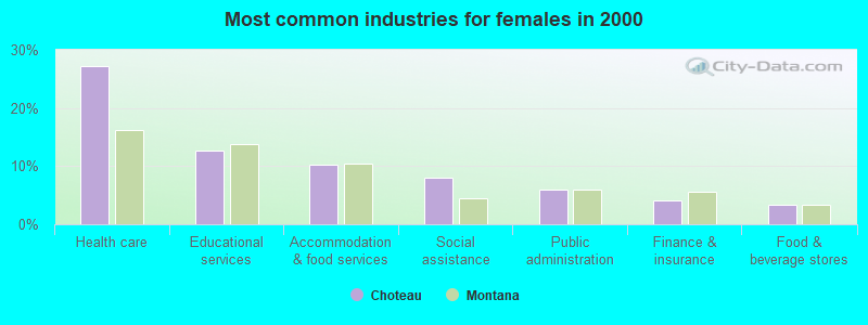 Most common industries for females in 2000