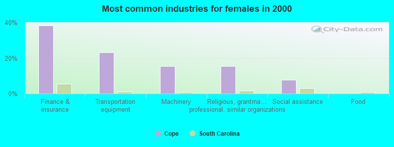 Most common industries for females in 2000