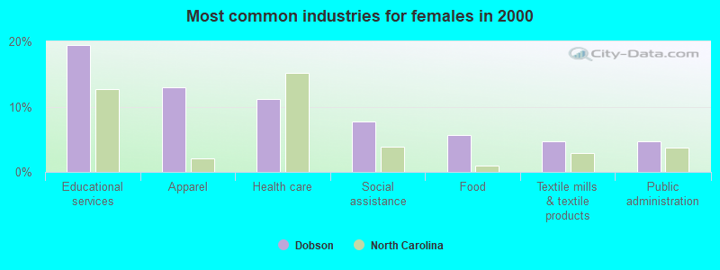 Most common industries for females in 2000