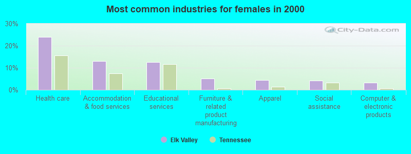 Most common industries for females in 2000