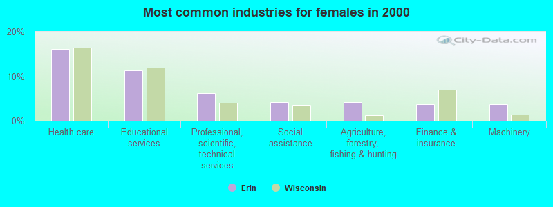 Most common industries for females in 2000