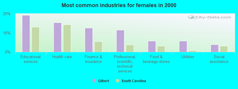 Most common industries for females in 2000