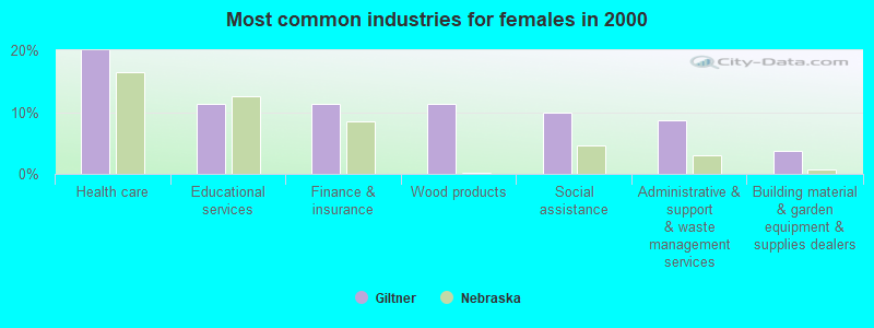 Most common industries for females in 2000