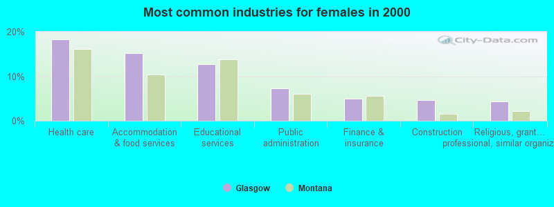 Most common industries for females in 2000