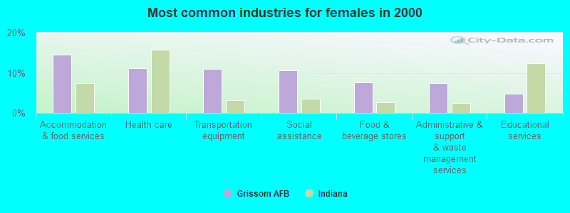 Most common industries for females in 2000