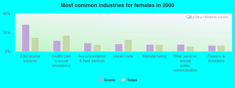 Most common industries for females in 2000