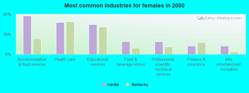 Most common industries for females in 2000