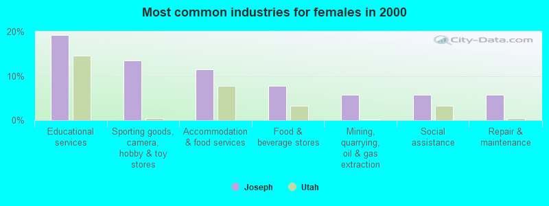 Most common industries for females in 2000