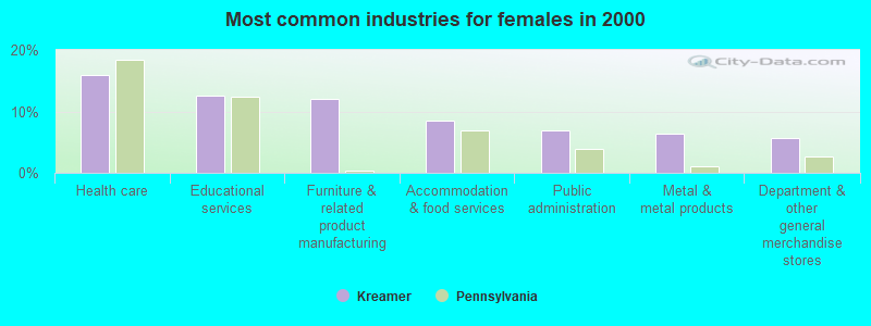 Most common industries for females in 2000