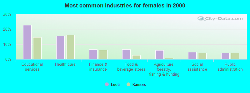 Most common industries for females in 2000