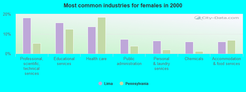 Most common industries for females in 2000