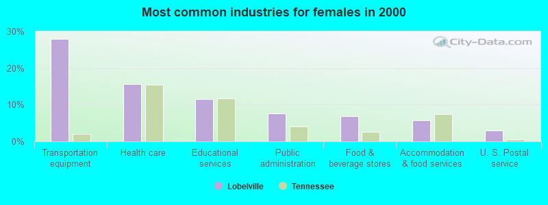 Most common industries for females in 2000