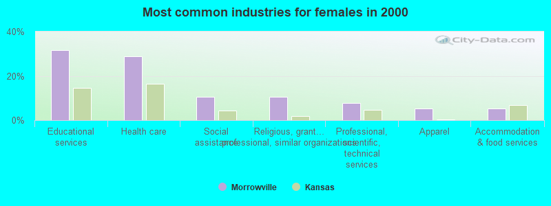 Most common industries for females in 2000