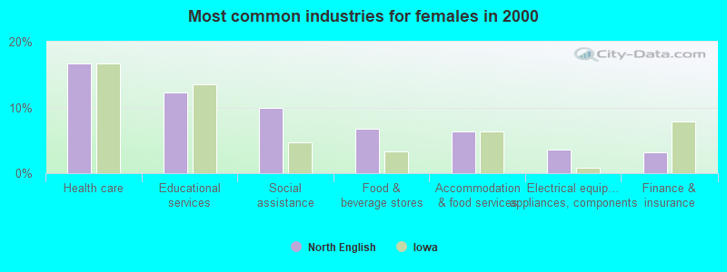 Most common industries for females in 2000