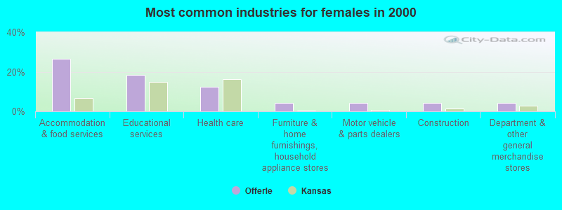 Most common industries for females in 2000