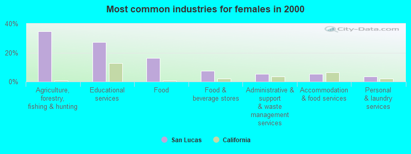 Most common industries for females in 2000