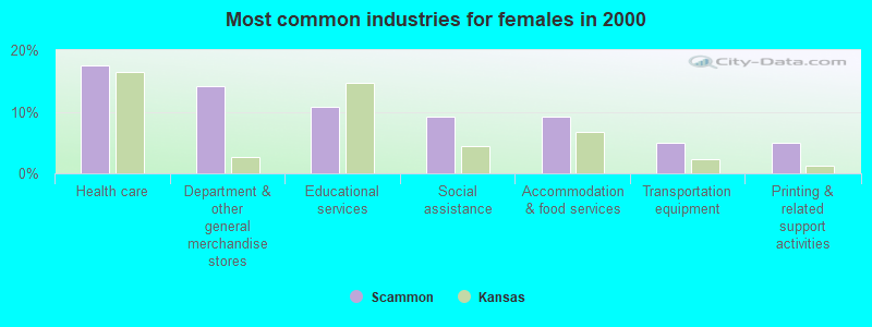 Most common industries for females in 2000