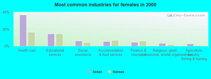 Most common industries for females in 2000