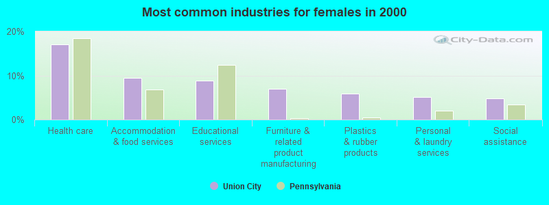 Most common industries for females in 2000