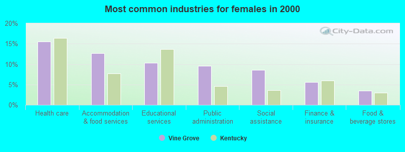 Most common industries for females in 2000