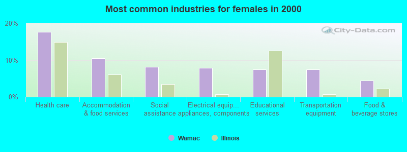 Most common industries for females in 2000