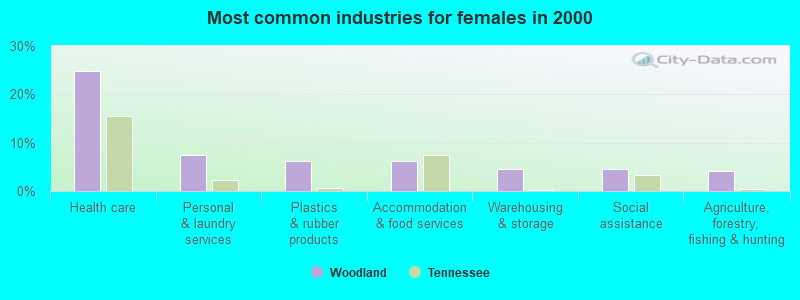 Most common industries for females in 2000