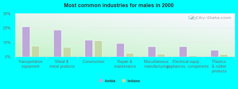 Most common industries for males in 2000