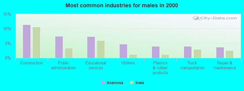 Most common industries for males in 2000