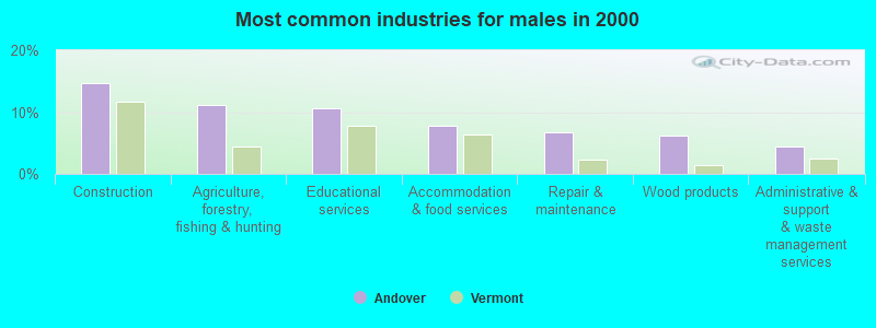 Most common industries for males in 2000