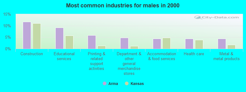 Most common industries for males in 2000