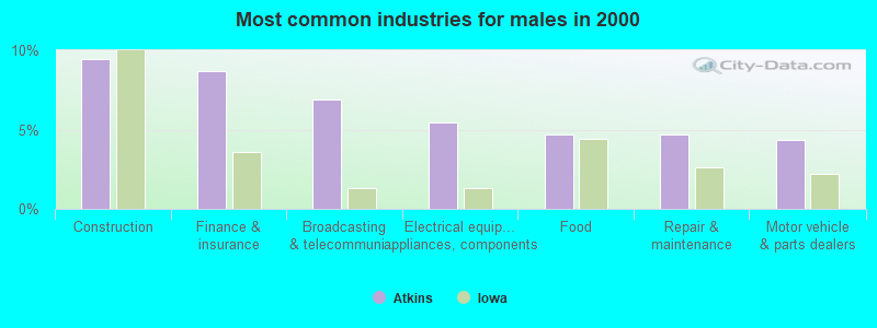 Most common industries for males in 2000