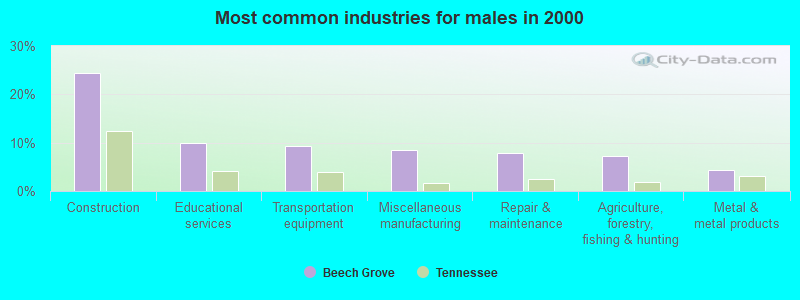 Most common industries for males in 2000