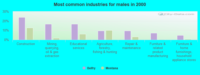 Most common industries for males in 2000